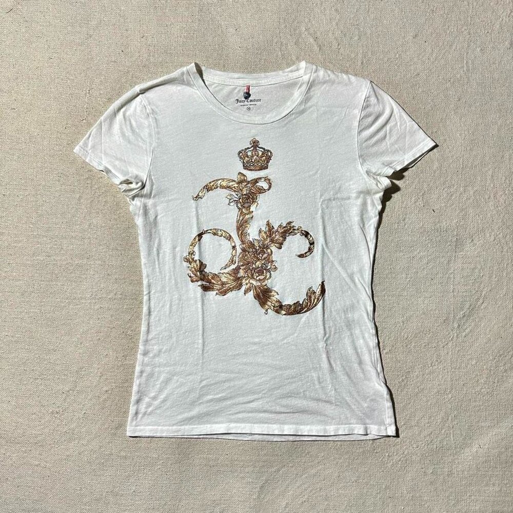 Juicy Couture Women's Medium White T-Shirt with Sparkly Gold Floral Emblem